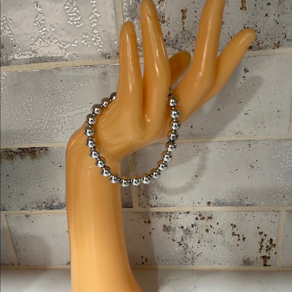 Silver Plated Beaded Bracelet Elastic Slip On